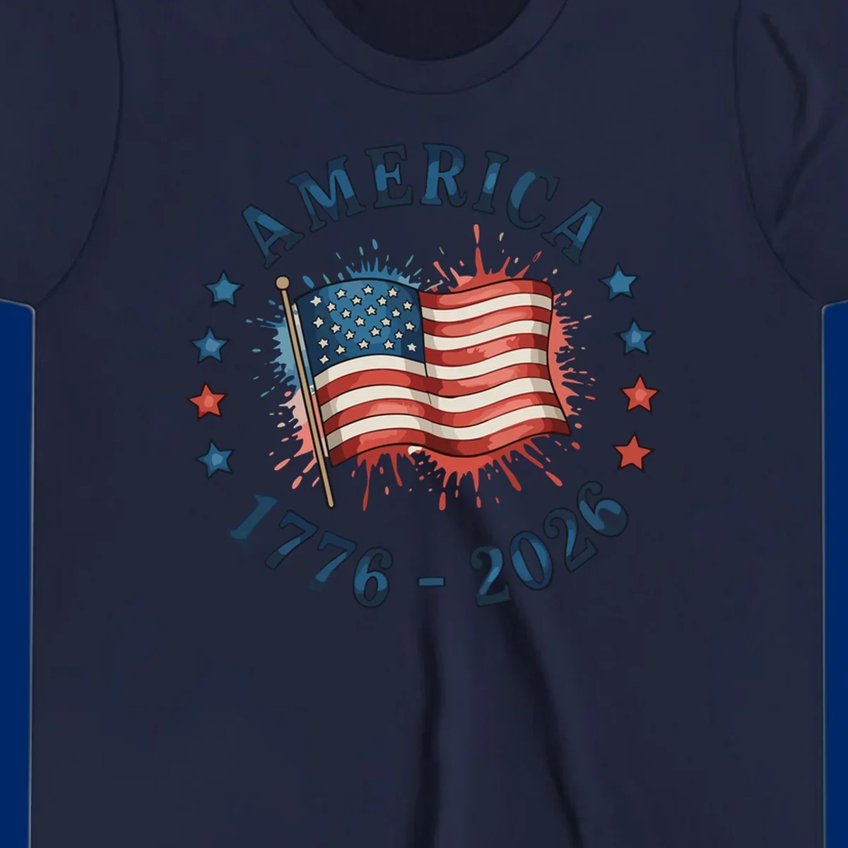 A patriotic America 250th anniversary flag design with text 'AMERICA' and '1776 - 2026' with paint splatters and stars.