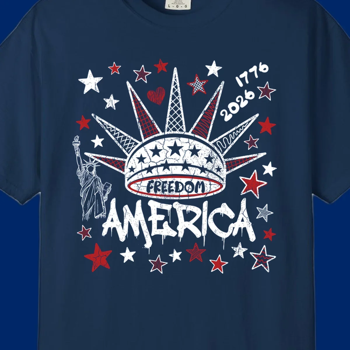 Distressed freedom america 1776 2026 design with Statue of Liberty, stars, and abstract shapes, celebrating America's 250th.