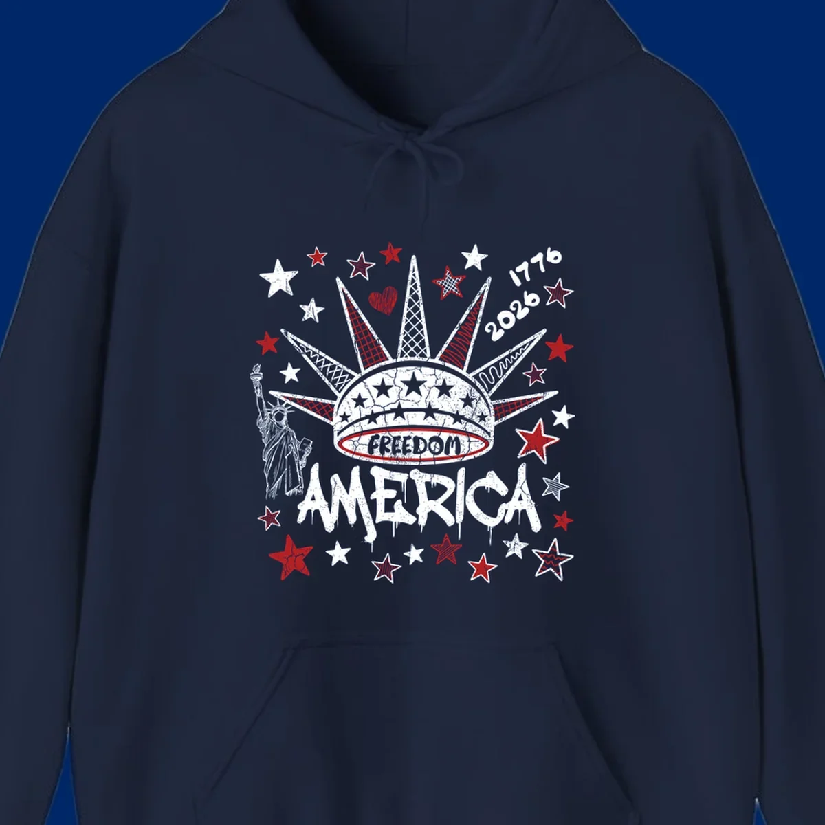 Distressed freedom america 1776 2026 design with Statue of Liberty, stars, and abstract shapes, celebrating America's 250th.