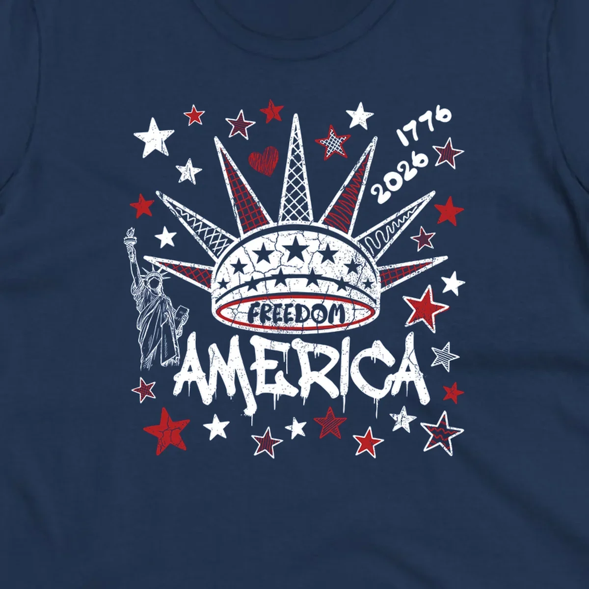 Distressed freedom america 1776 2026 design with Statue of Liberty, stars, and abstract shapes, celebrating America's 250th.