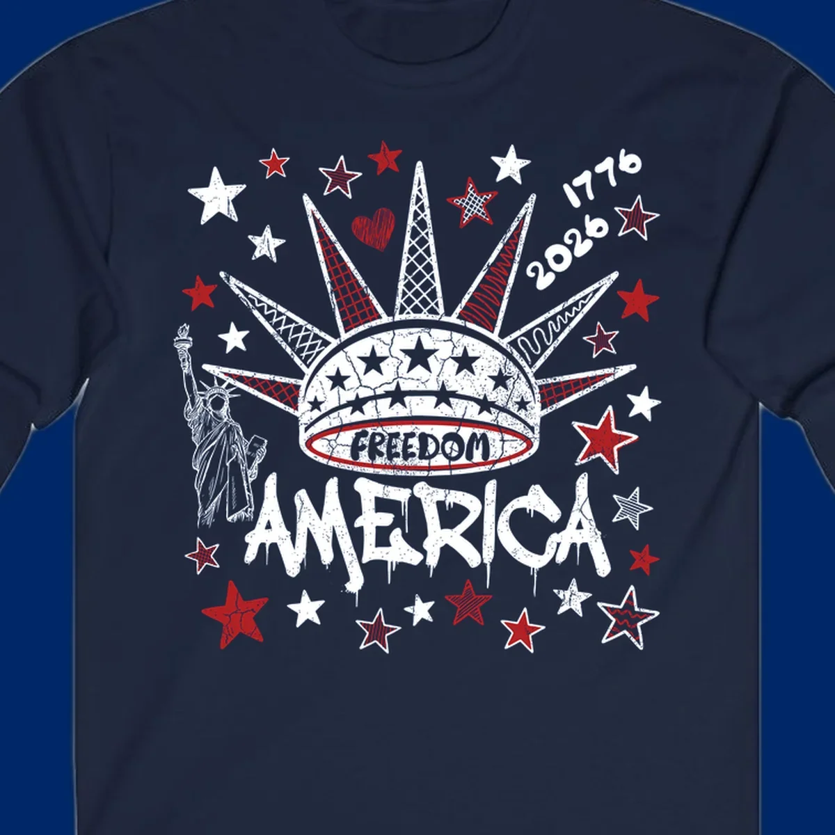 Distressed freedom america 1776 2026 design with Statue of Liberty, stars, and abstract shapes, celebrating America's 250th.