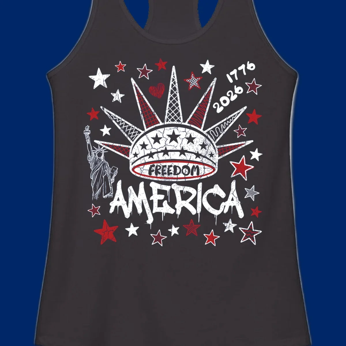 Distressed freedom america 1776 2026 design with Statue of Liberty, stars, and abstract shapes, celebrating America's 250th.