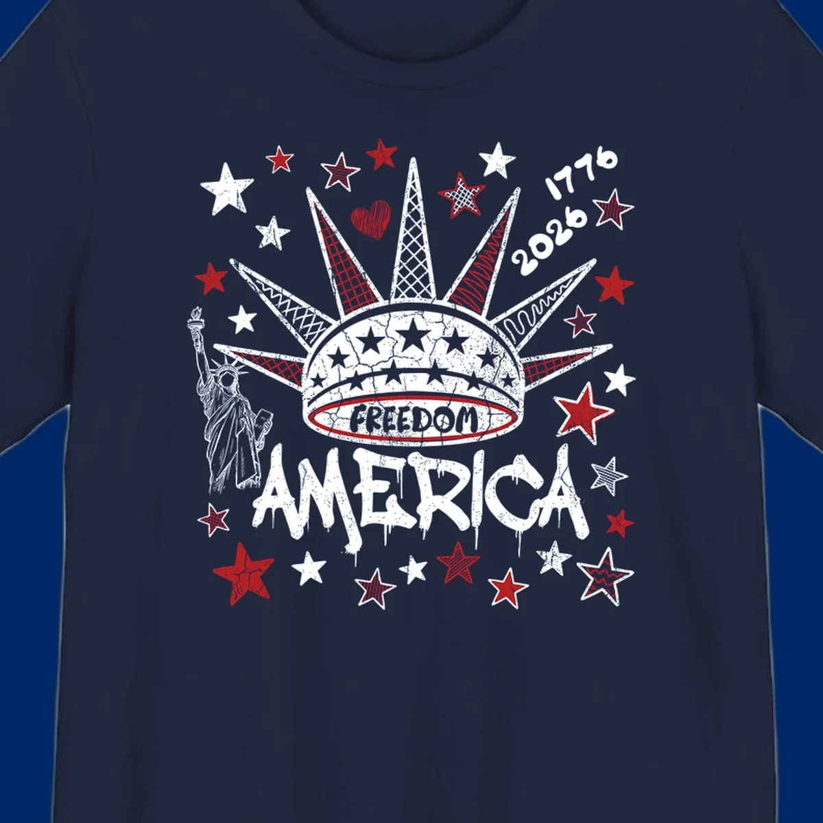Distressed freedom america 1776 2026 design with Statue of Liberty, stars, and abstract shapes, celebrating America's 250th.