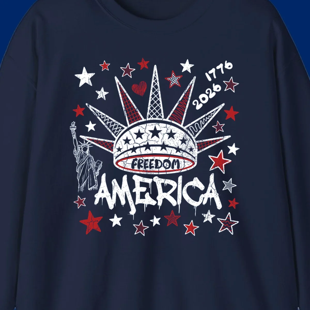Distressed freedom america 1776 2026 design with Statue of Liberty, stars, and abstract shapes, celebrating America's 250th.