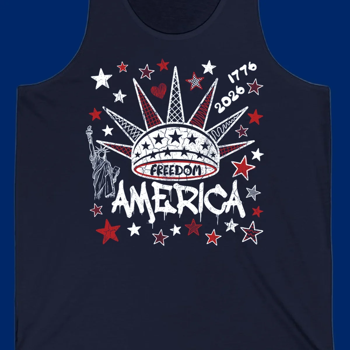 Distressed freedom america 1776 2026 design with Statue of Liberty, stars, and abstract shapes, celebrating America's 250th.