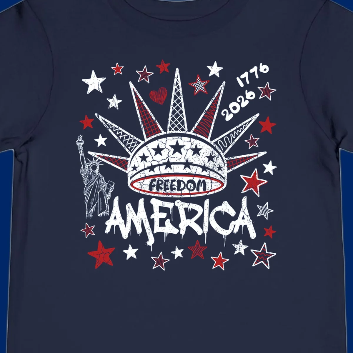 Distressed freedom america 1776 2026 design with Statue of Liberty, stars, and abstract shapes, celebrating America's 250th.