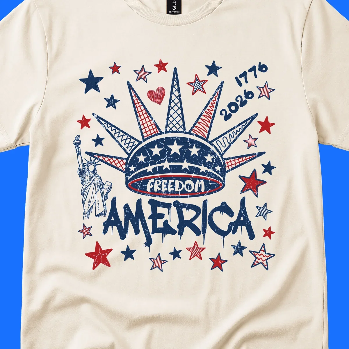 Distressed freedom america 1776 2026 design with Statue of Liberty, stars, and abstract shapes, celebrating America's 250th.