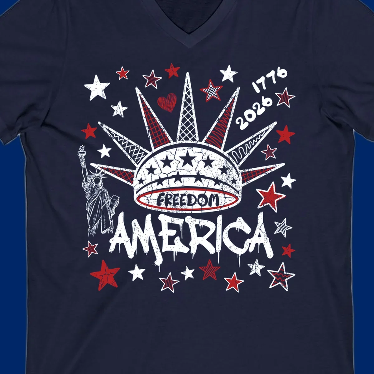 Distressed freedom america 1776 2026 design with Statue of Liberty, stars, and abstract shapes, celebrating America's 250th.