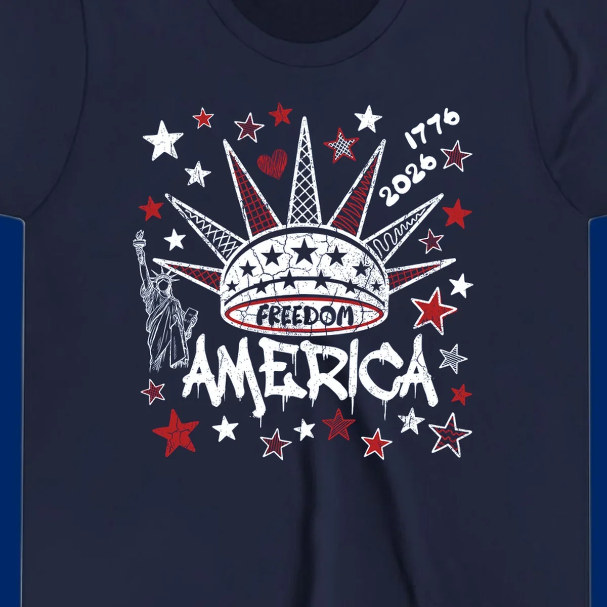 Distressed freedom america 1776 2026 design with Statue of Liberty, stars, and abstract shapes, celebrating America's 250th.