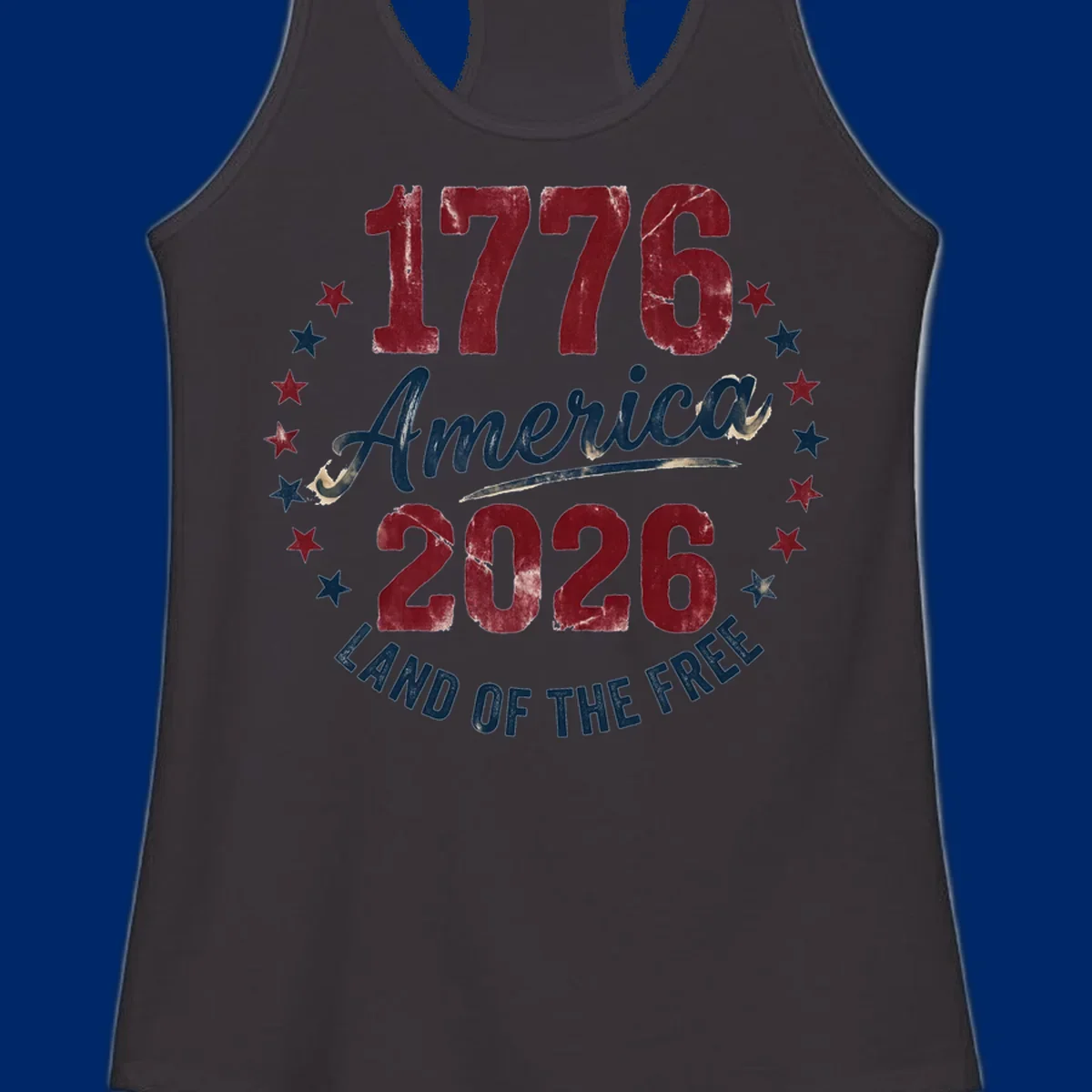 Distressed circular design with '1776', 'America', '2026', and 'LAND OF THE FREE' text, encircled by stars, celebrating America's 250th anniversary.