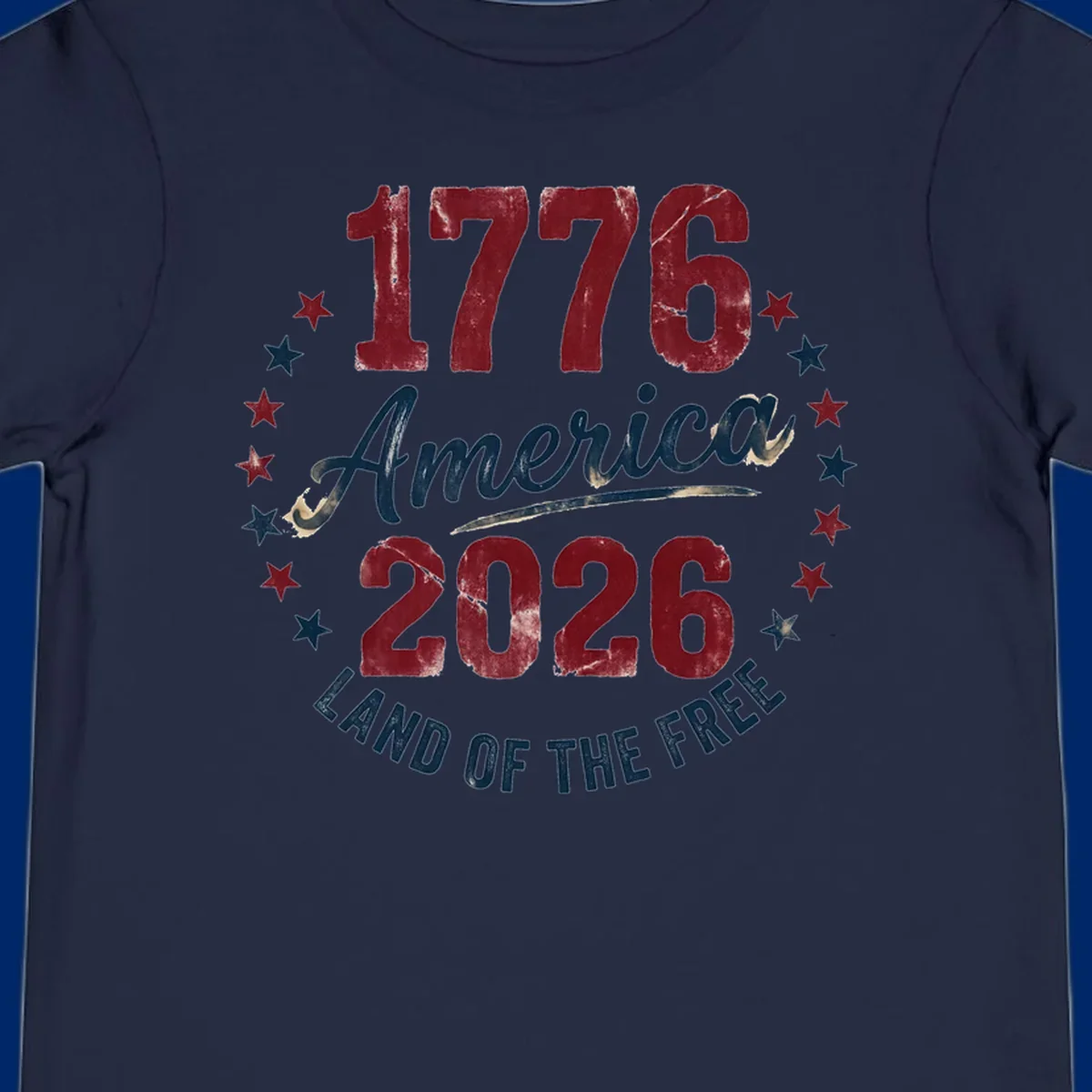 Distressed circular design with '1776', 'America', '2026', and 'LAND OF THE FREE' text, encircled by stars, celebrating America's 250th anniversary.