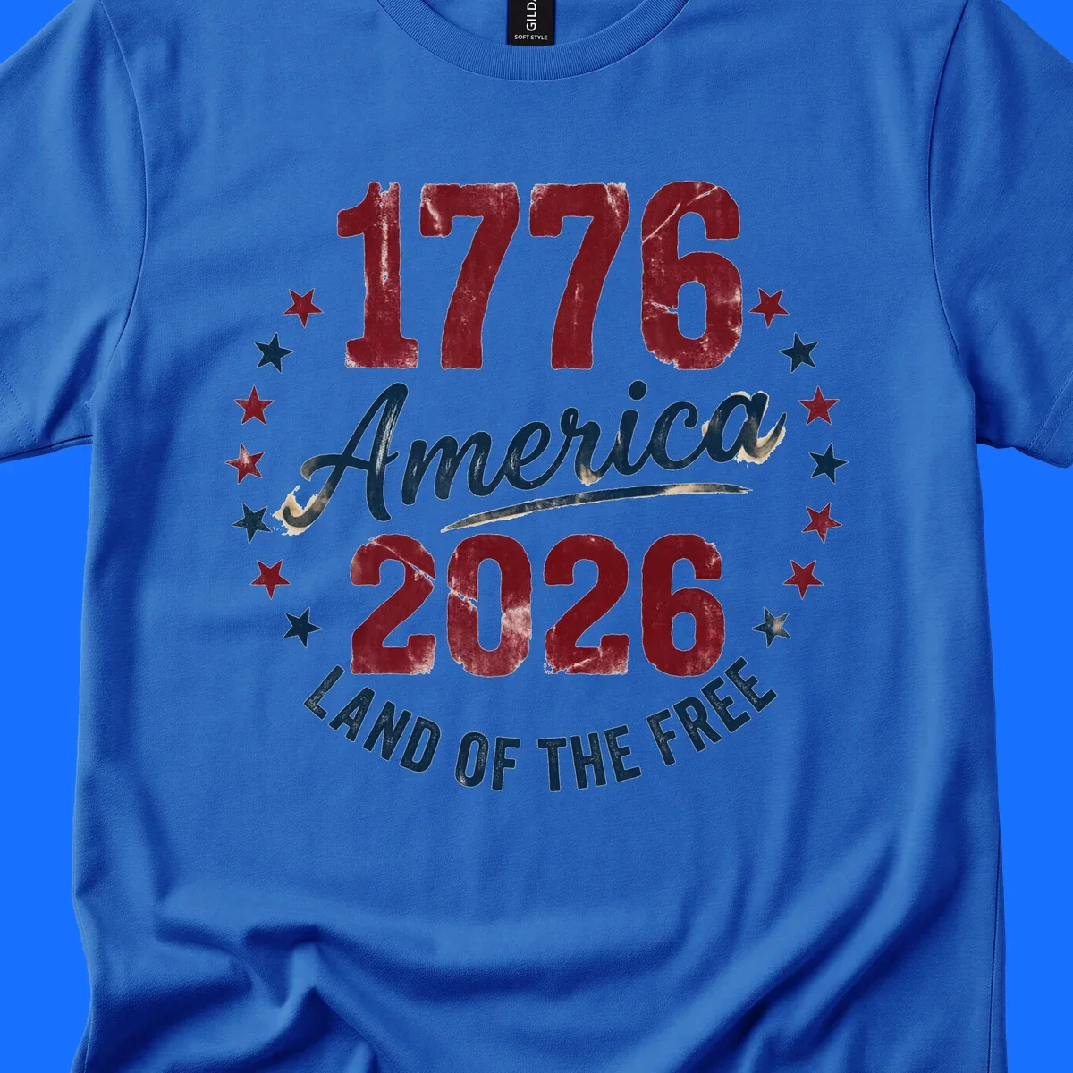 Distressed circular design with '1776', 'America', '2026', and 'LAND OF THE FREE' text, encircled by stars, celebrating America's 250th anniversary.