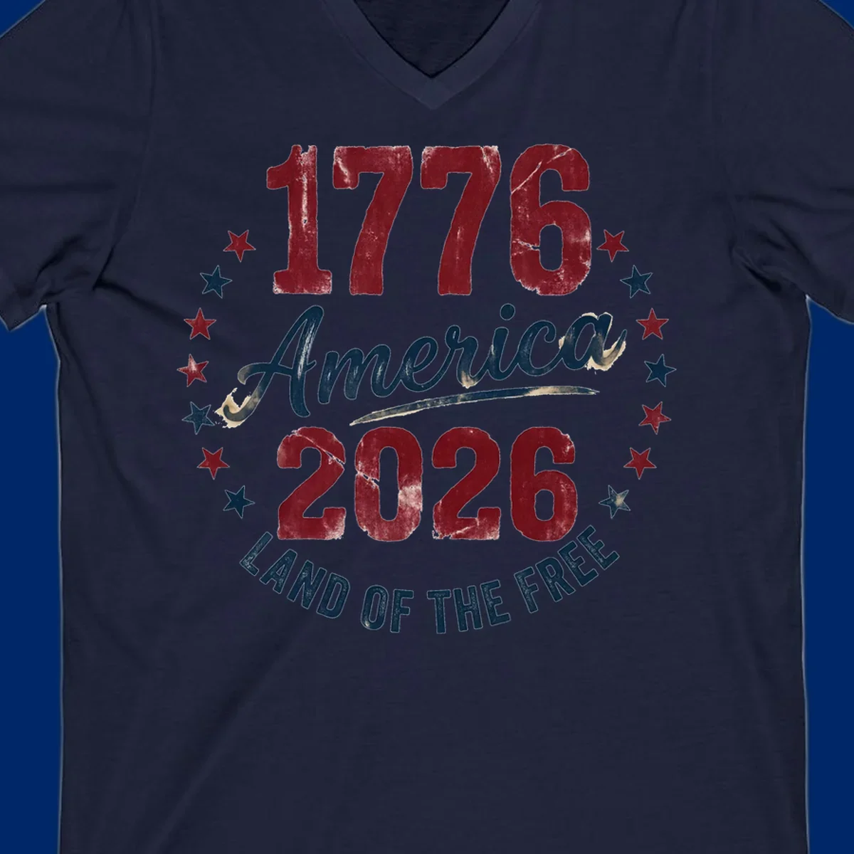 Distressed circular design with '1776', 'America', '2026', and 'LAND OF THE FREE' text, encircled by stars, celebrating America's 250th anniversary.