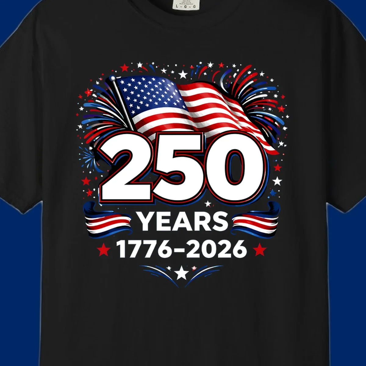 A vibrant design for America's 250th anniversary, featuring a US flag, fireworks, stars, and the text "250 YEARS 1776-2026".