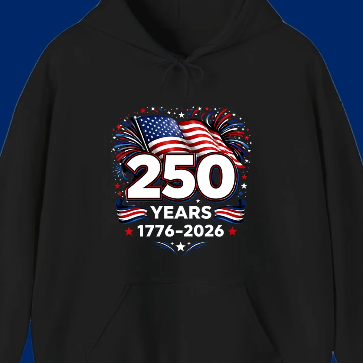 A vibrant design for America's 250th anniversary, featuring a US flag, fireworks, stars, and the text "250 YEARS 1776-2026".