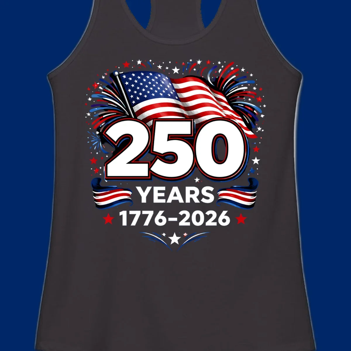 A vibrant design for America's 250th anniversary, featuring a US flag, fireworks, stars, and the text "250 YEARS 1776-2026".