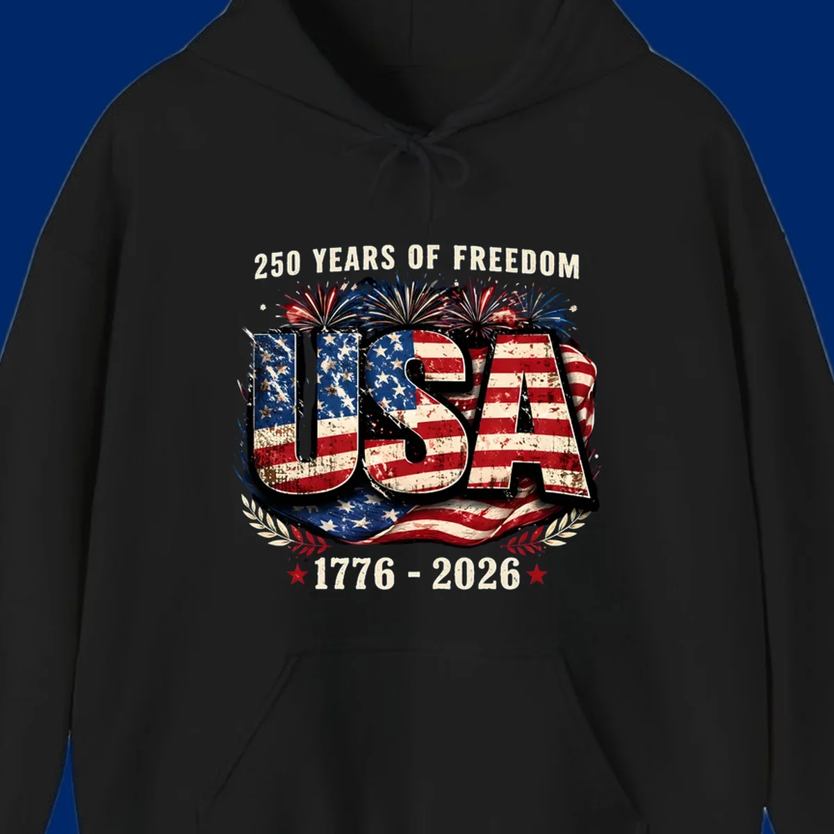 A patriotic design for America's 250 freedom anniversary, featuring distressed USA text in a flag pattern, fireworks, and dates 1776-2026.