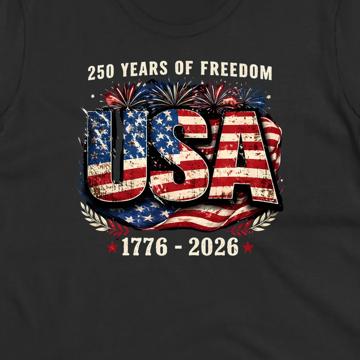 A patriotic design for America's 250 freedom anniversary, featuring distressed USA text in a flag pattern, fireworks, and dates 1776-2026.