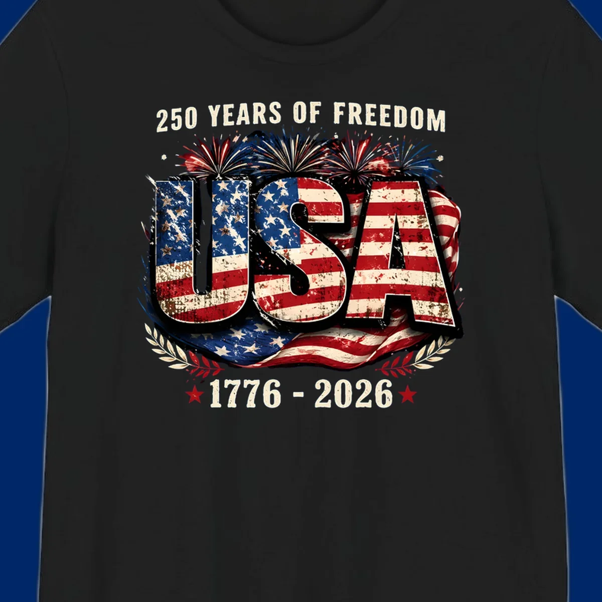 A patriotic design for America's 250 freedom anniversary, featuring distressed USA text in a flag pattern, fireworks, and dates 1776-2026.