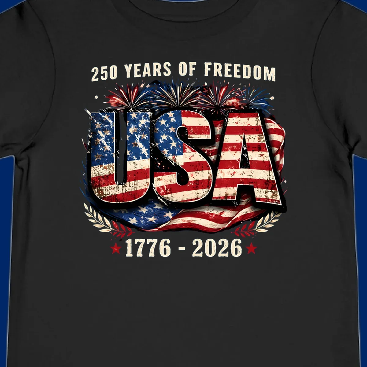 A patriotic design for America's 250 freedom anniversary, featuring distressed USA text in a flag pattern, fireworks, and dates 1776-2026.
