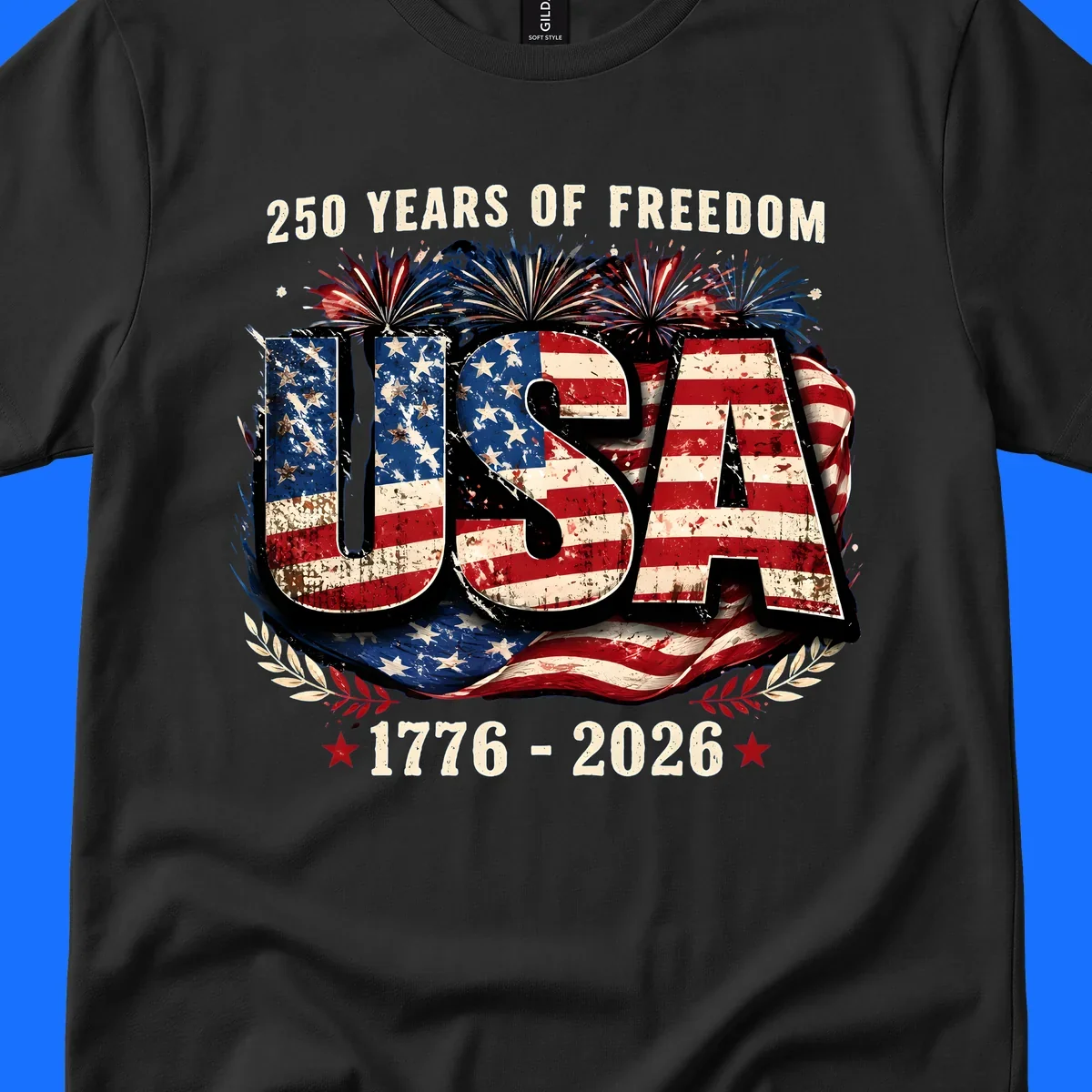 A patriotic design for America's 250 freedom anniversary, featuring distressed USA text in a flag pattern, fireworks, and dates 1776-2026.