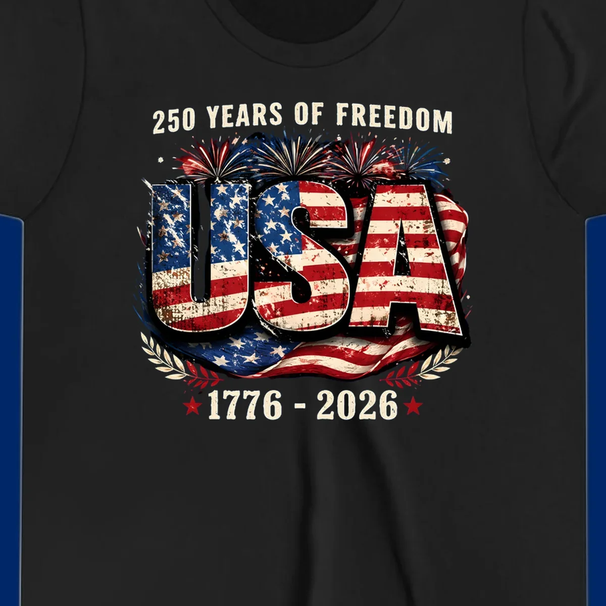A patriotic design for America's 250 freedom anniversary, featuring distressed USA text in a flag pattern, fireworks, and dates 1776-2026.
