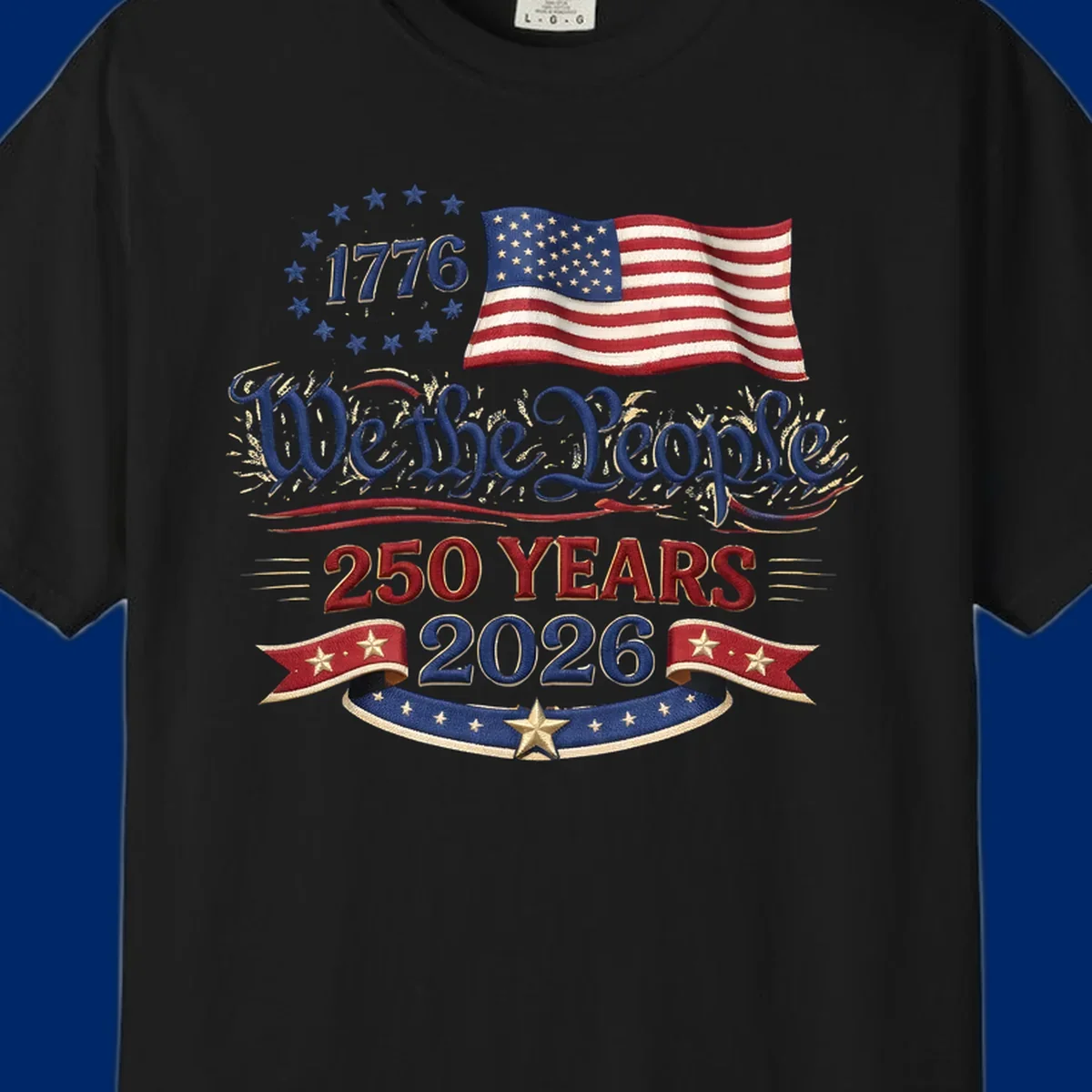 Artwork for America's 250th Semiquincentennial celebration, featuring '1776', a waving American flag, 'We the People', '250 YEARS 2026', and patriotic banners with stars, celebrating america-250-semiquincentennial-1776.