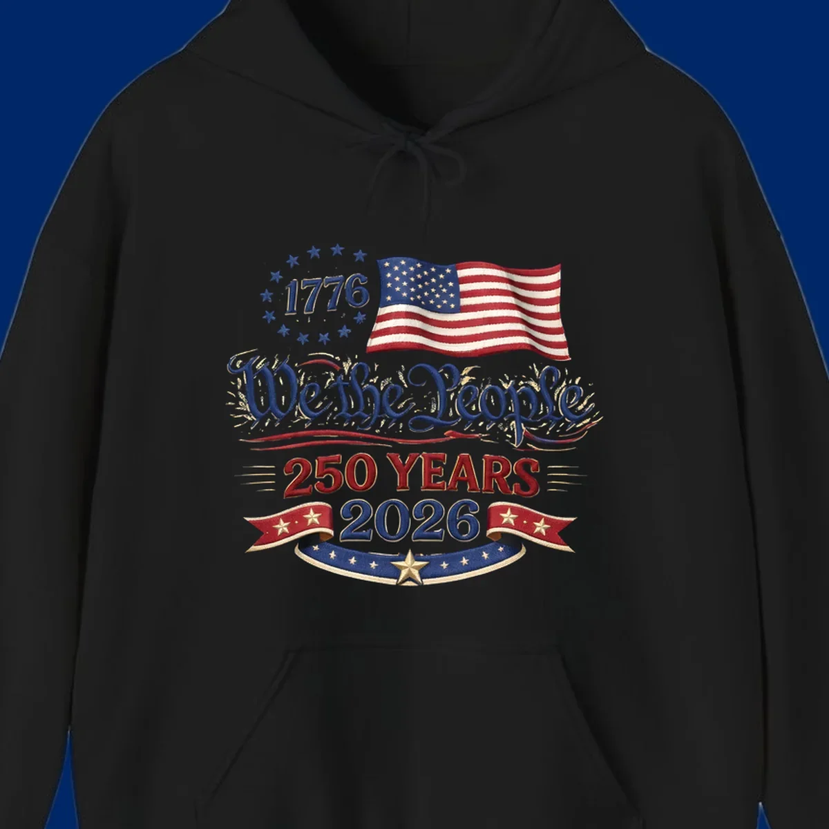 Artwork for America's 250th Semiquincentennial celebration, featuring '1776', a waving American flag, 'We the People', '250 YEARS 2026', and patriotic banners with stars, celebrating america-250-semiquincentennial-1776.