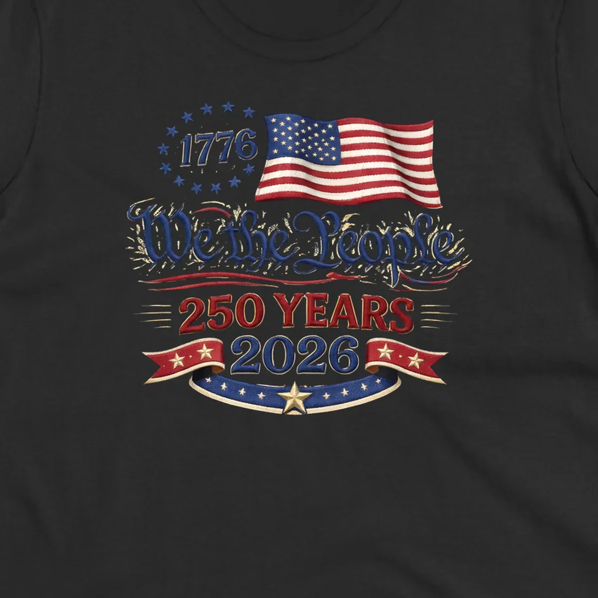 Artwork for America's 250th Semiquincentennial celebration, featuring '1776', a waving American flag, 'We the People', '250 YEARS 2026', and patriotic banners with stars, celebrating america-250-semiquincentennial-1776.