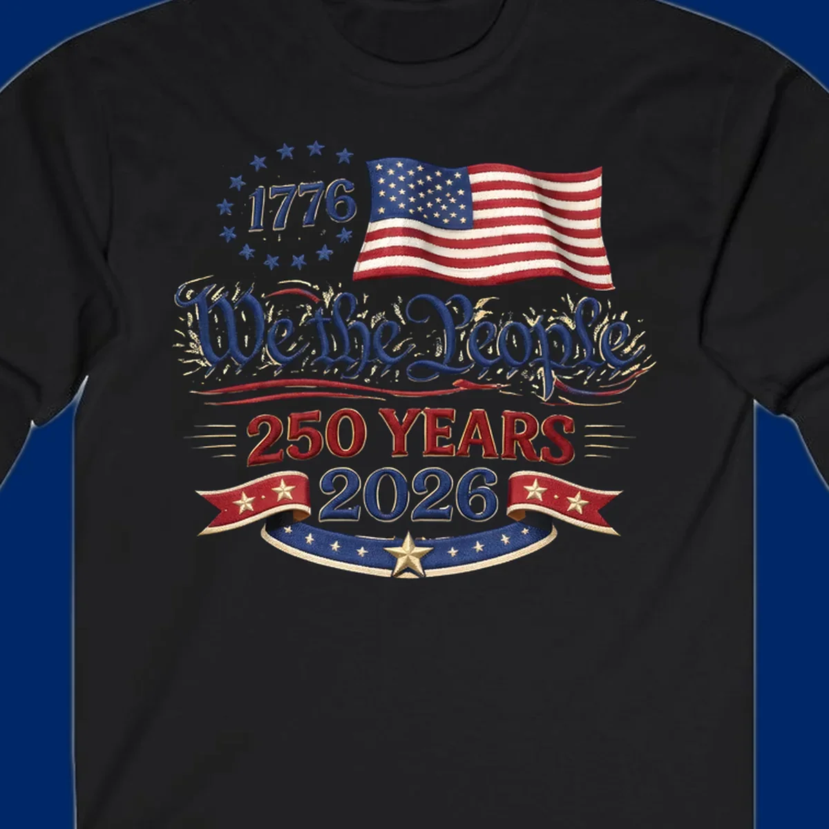 Artwork for America's 250th Semiquincentennial celebration, featuring '1776', a waving American flag, 'We the People', '250 YEARS 2026', and patriotic banners with stars, celebrating america-250-semiquincentennial-1776.