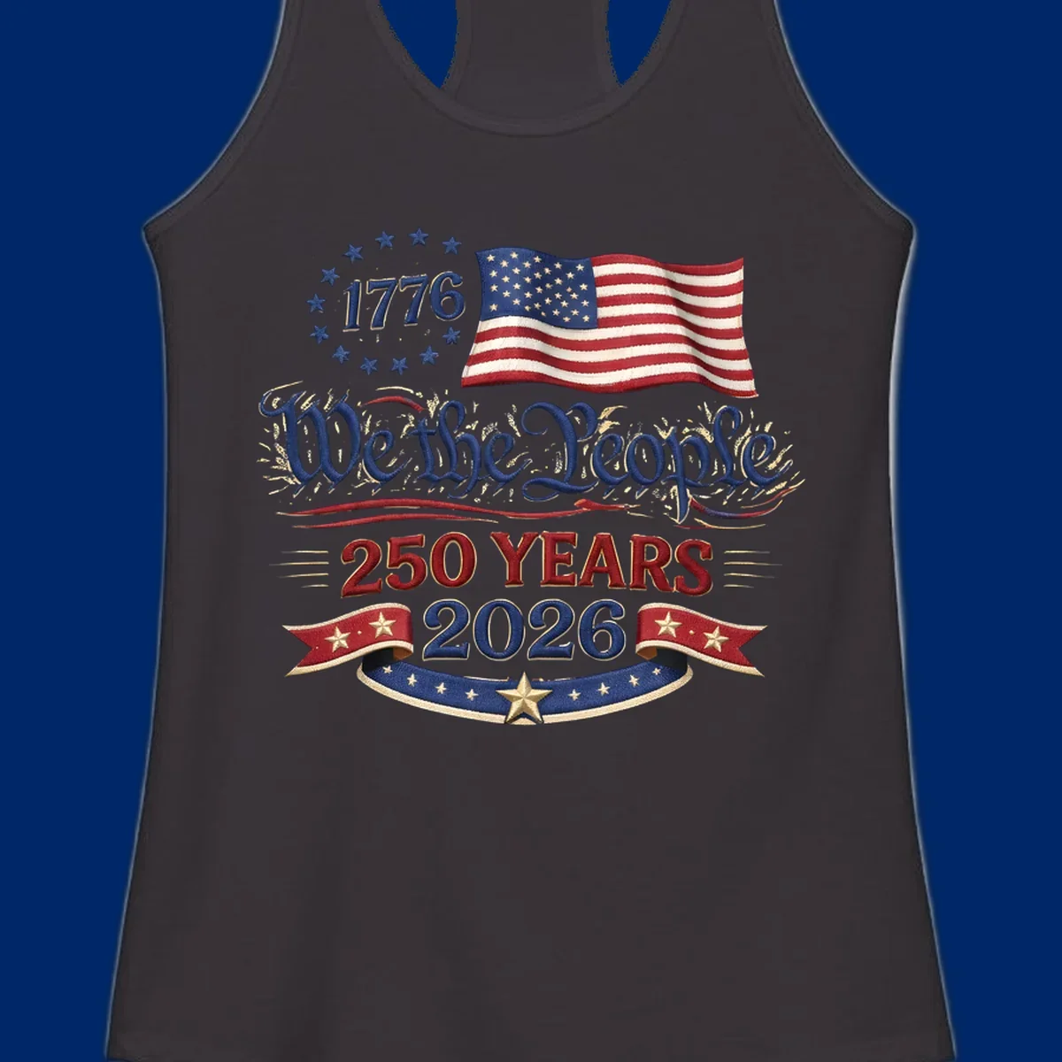 Artwork for America's 250th Semiquincentennial celebration, featuring '1776', a waving American flag, 'We the People', '250 YEARS 2026', and patriotic banners with stars, celebrating america-250-semiquincentennial-1776.