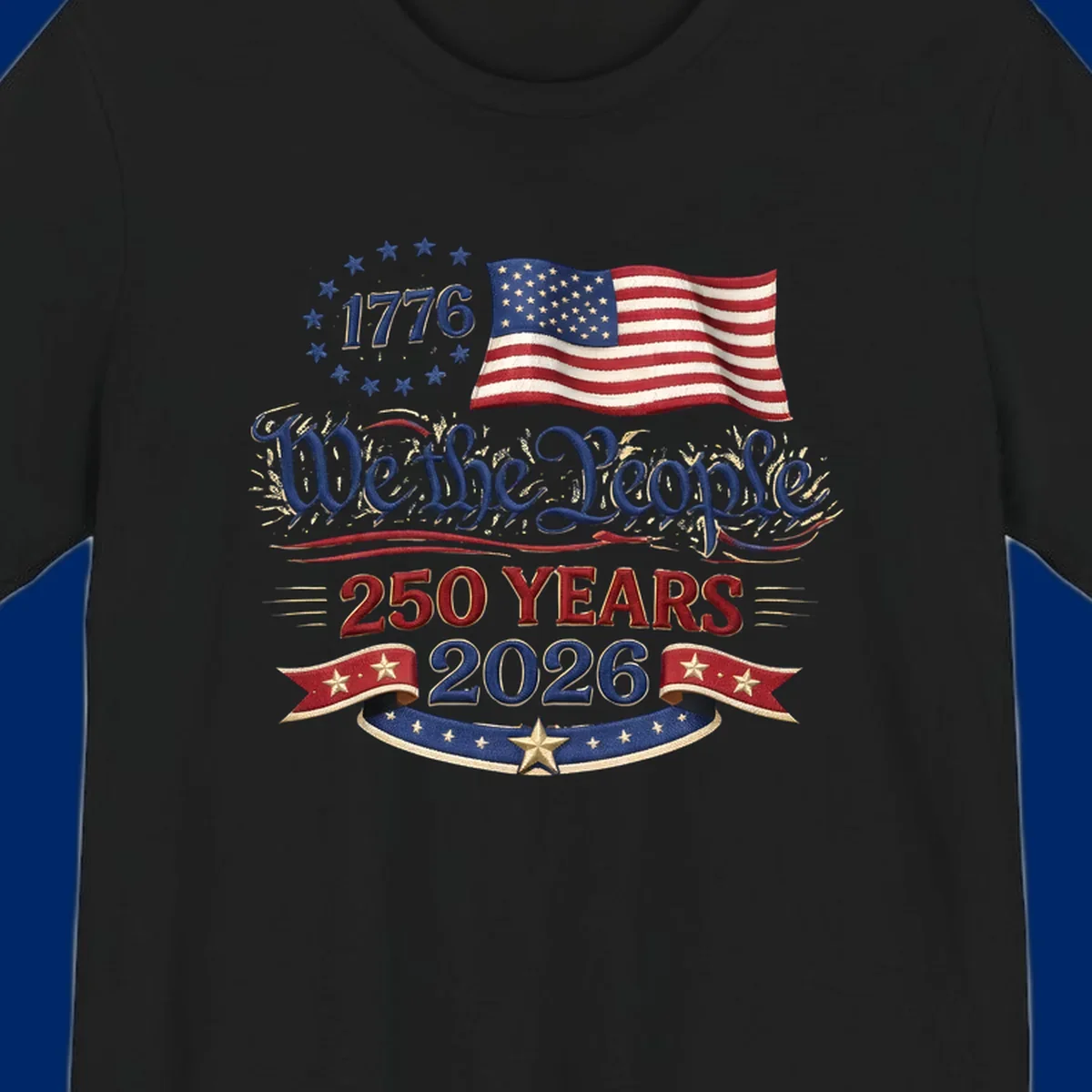 Artwork for America's 250th Semiquincentennial celebration, featuring '1776', a waving American flag, 'We the People', '250 YEARS 2026', and patriotic banners with stars, celebrating america-250-semiquincentennial-1776.