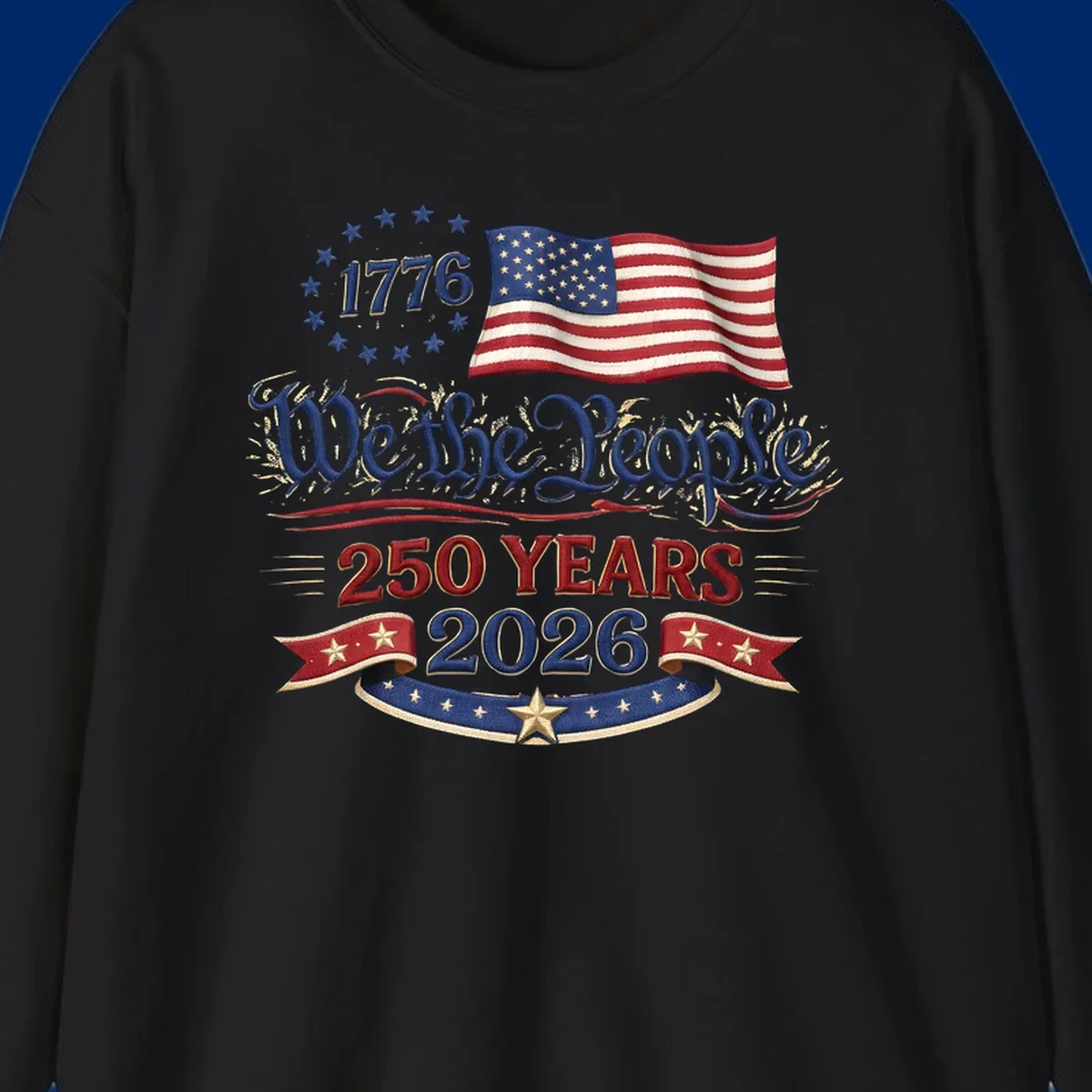 Artwork for America's 250th Semiquincentennial celebration, featuring '1776', a waving American flag, 'We the People', '250 YEARS 2026', and patriotic banners with stars, celebrating america-250-semiquincentennial-1776.