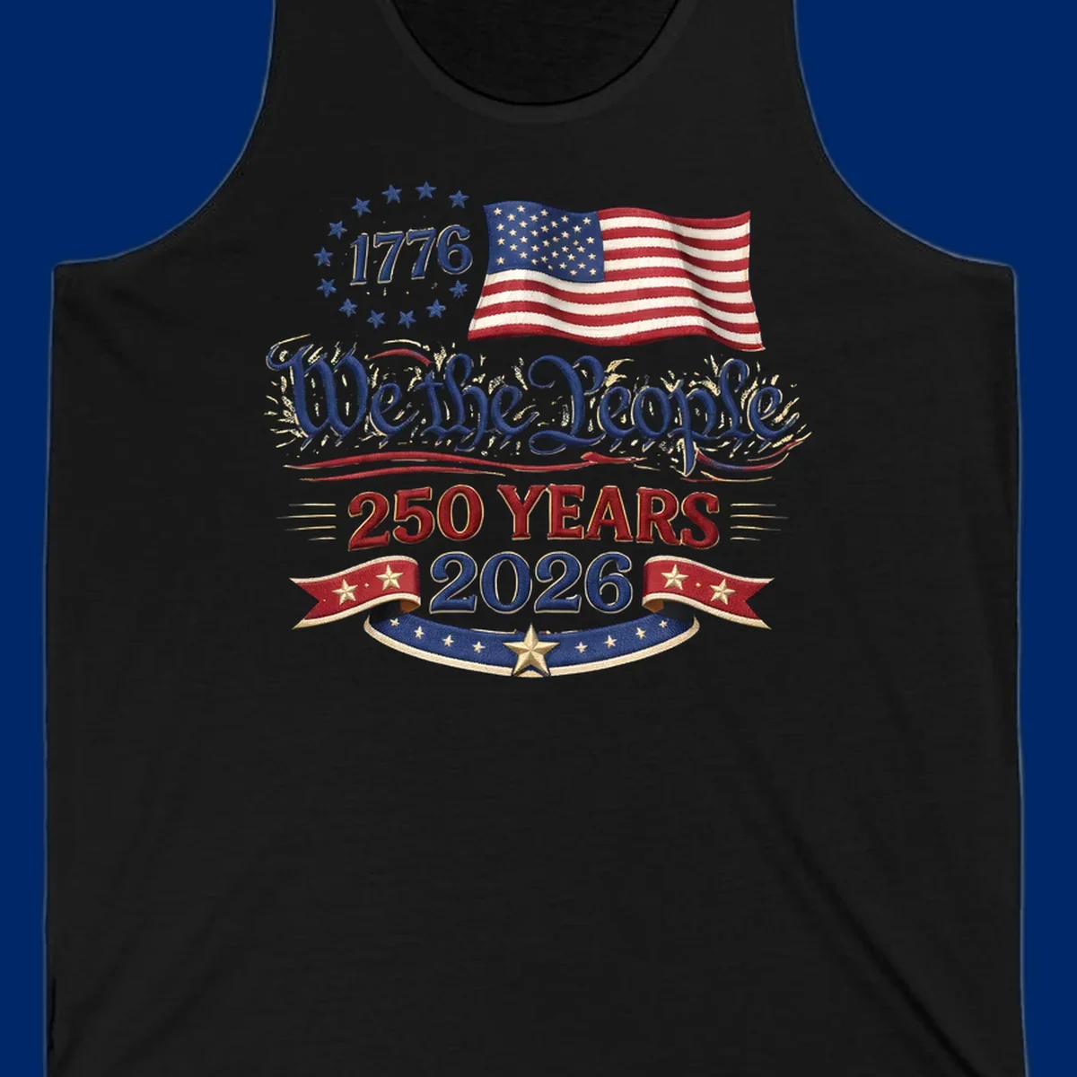 Artwork for America's 250th Semiquincentennial celebration, featuring '1776', a waving American flag, 'We the People', '250 YEARS 2026', and patriotic banners with stars, celebrating america-250-semiquincentennial-1776.