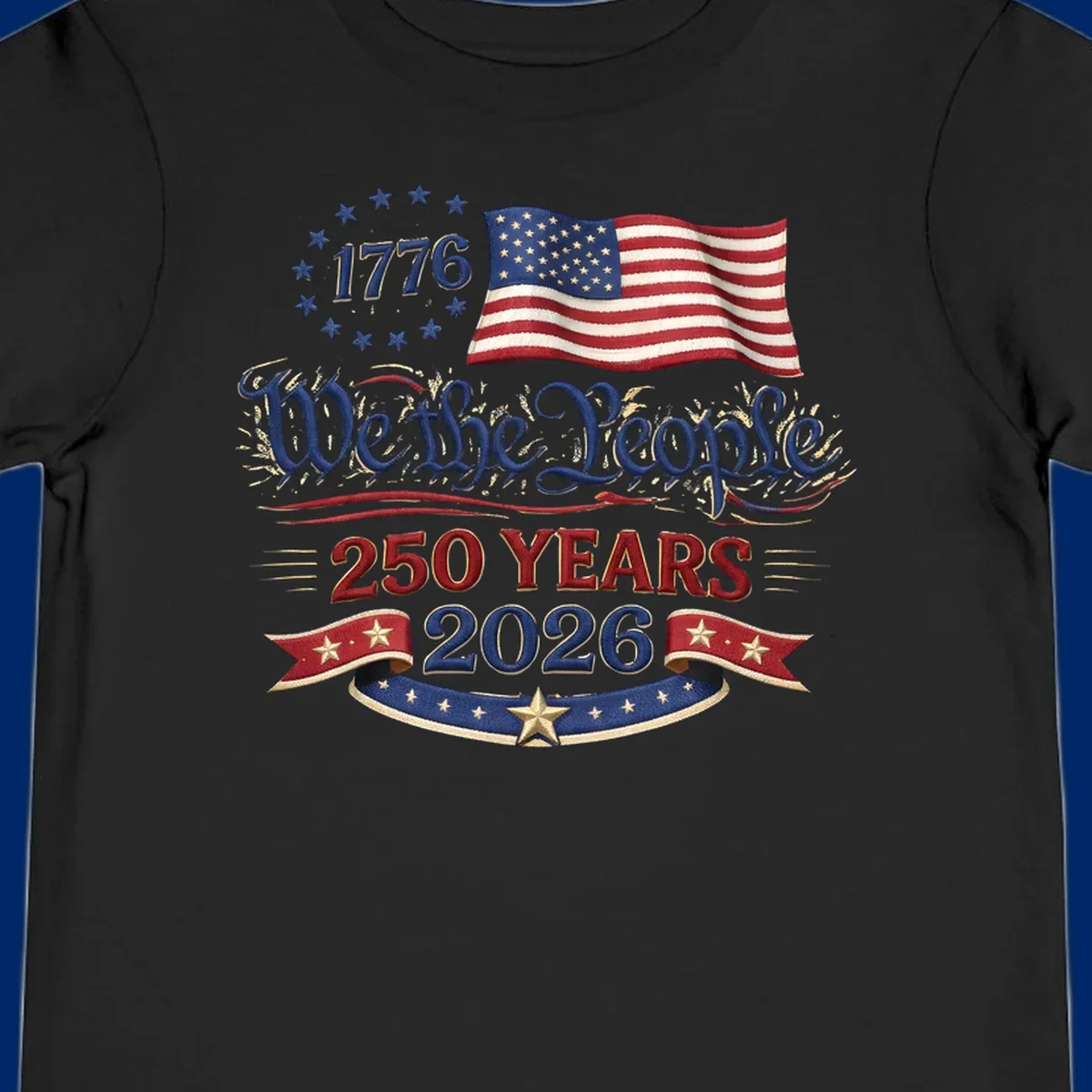 Artwork for America's 250th Semiquincentennial celebration, featuring '1776', a waving American flag, 'We the People', '250 YEARS 2026', and patriotic banners with stars, celebrating america-250-semiquincentennial-1776.