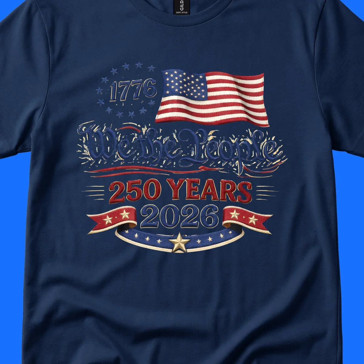 Artwork for America's 250th Semiquincentennial celebration, featuring '1776', a waving American flag, 'We the People', '250 YEARS 2026', and patriotic banners with stars, celebrating america-250-semiquincentennial-1776.