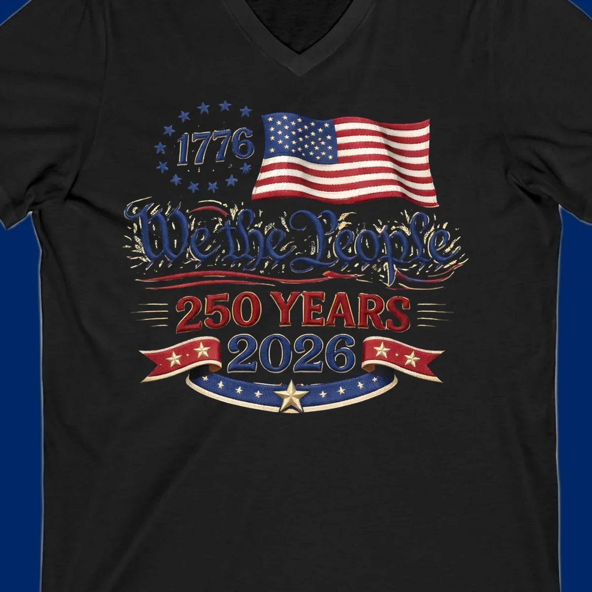 Artwork for America's 250th Semiquincentennial celebration, featuring '1776', a waving American flag, 'We the People', '250 YEARS 2026', and patriotic banners with stars, celebrating america-250-semiquincentennial-1776.
