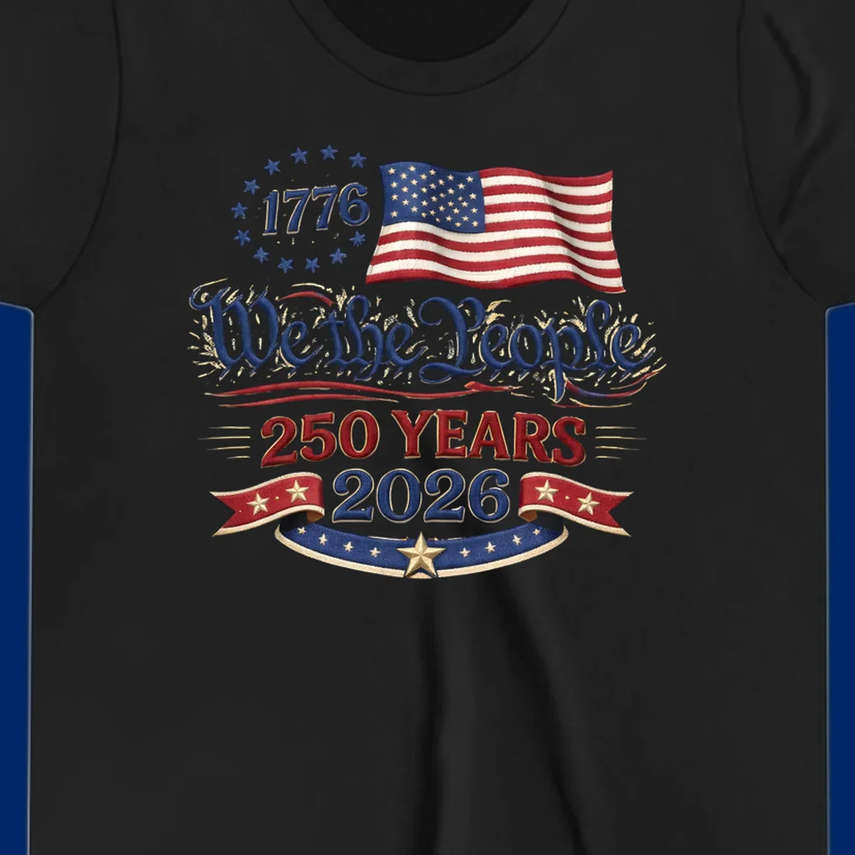 Artwork for America's 250th Semiquincentennial celebration, featuring '1776', a waving American flag, 'We the People', '250 YEARS 2026', and patriotic banners with stars, celebrating america-250-semiquincentennial-1776.