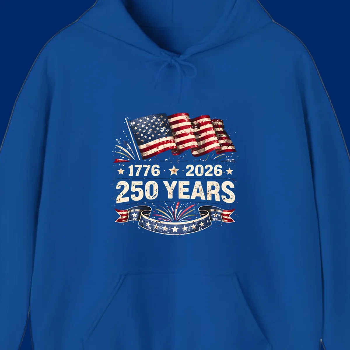 Distressed American flag design with '1776', '2026', and '250 YEARS' text, celebrating America 250 years.