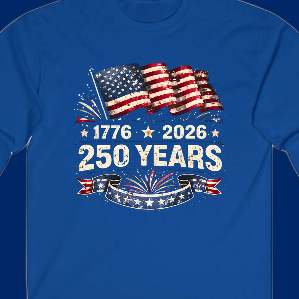 Distressed American flag design with '1776', '2026', and '250 YEARS' text, celebrating America 250 years.