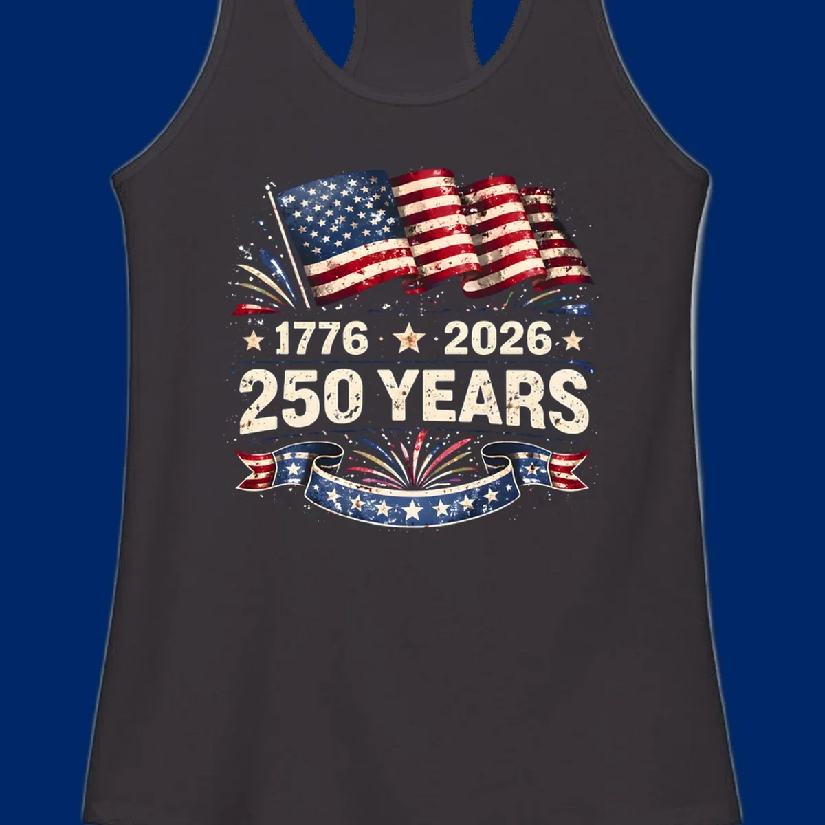 Distressed American flag design with '1776', '2026', and '250 YEARS' text, celebrating America 250 years.