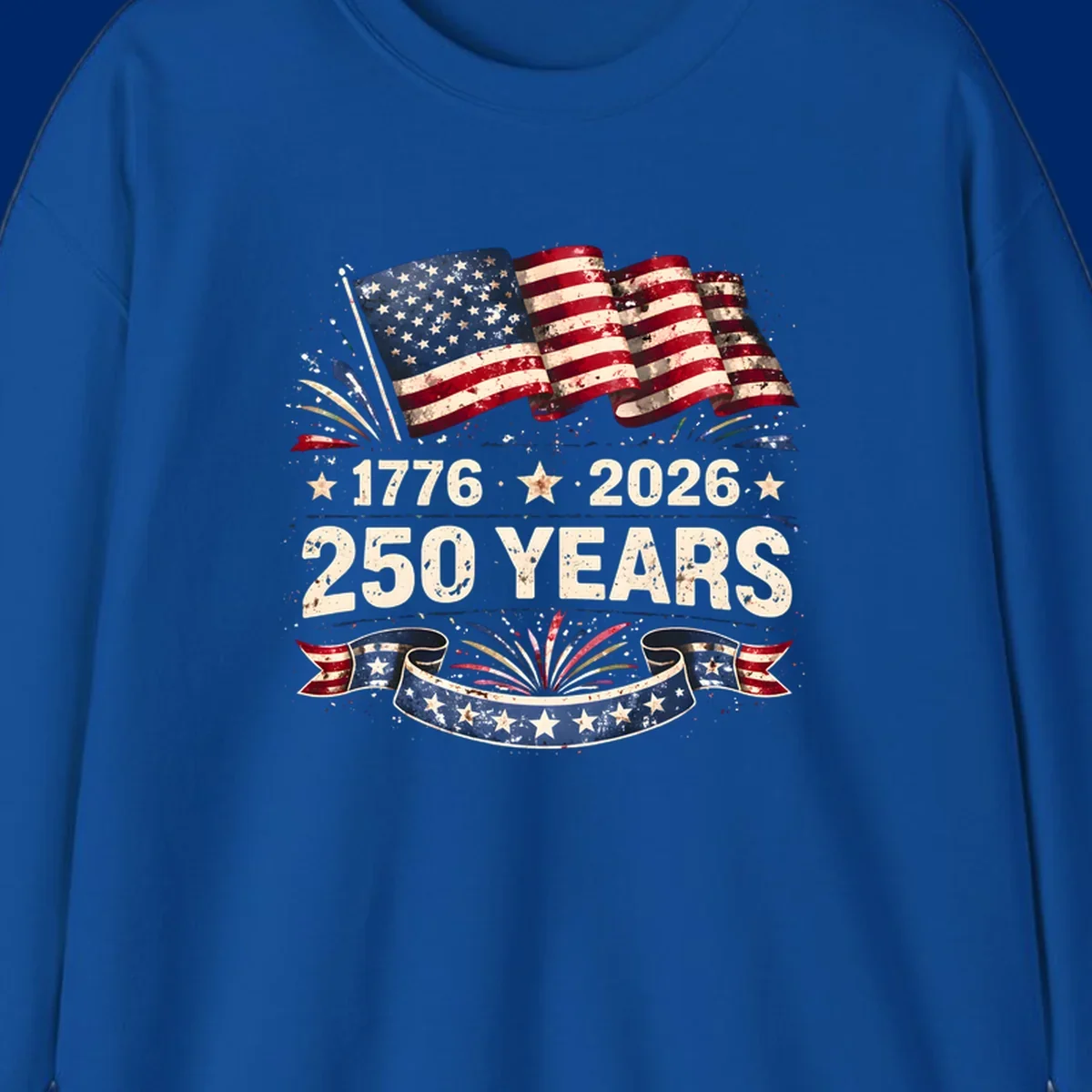 Distressed American flag design with '1776', '2026', and '250 YEARS' text, celebrating America 250 years.
