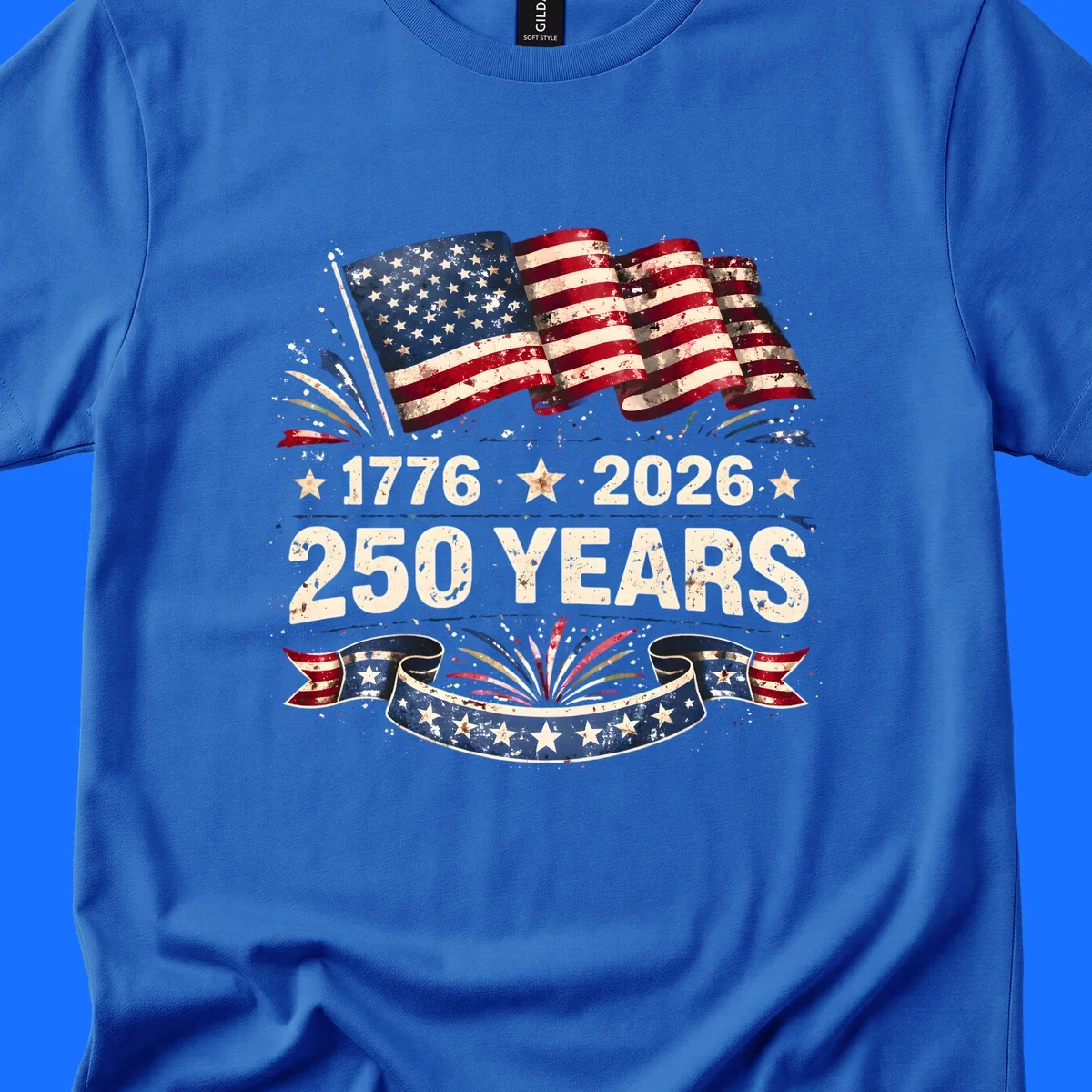 Distressed American flag design with '1776', '2026', and '250 YEARS' text, celebrating America 250 years.