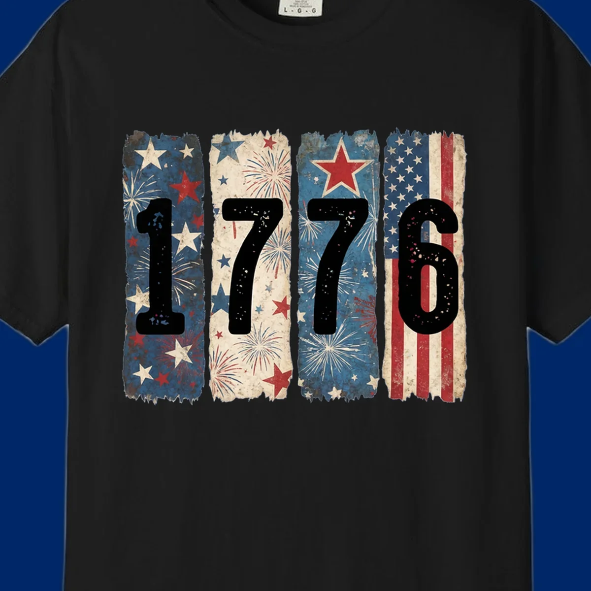 Four distressed panels display the numbers 1776 with patriotic stars, stripes, and fireworks, commemorating America's 250th anniversary. (1776-patriotic-anniversary)