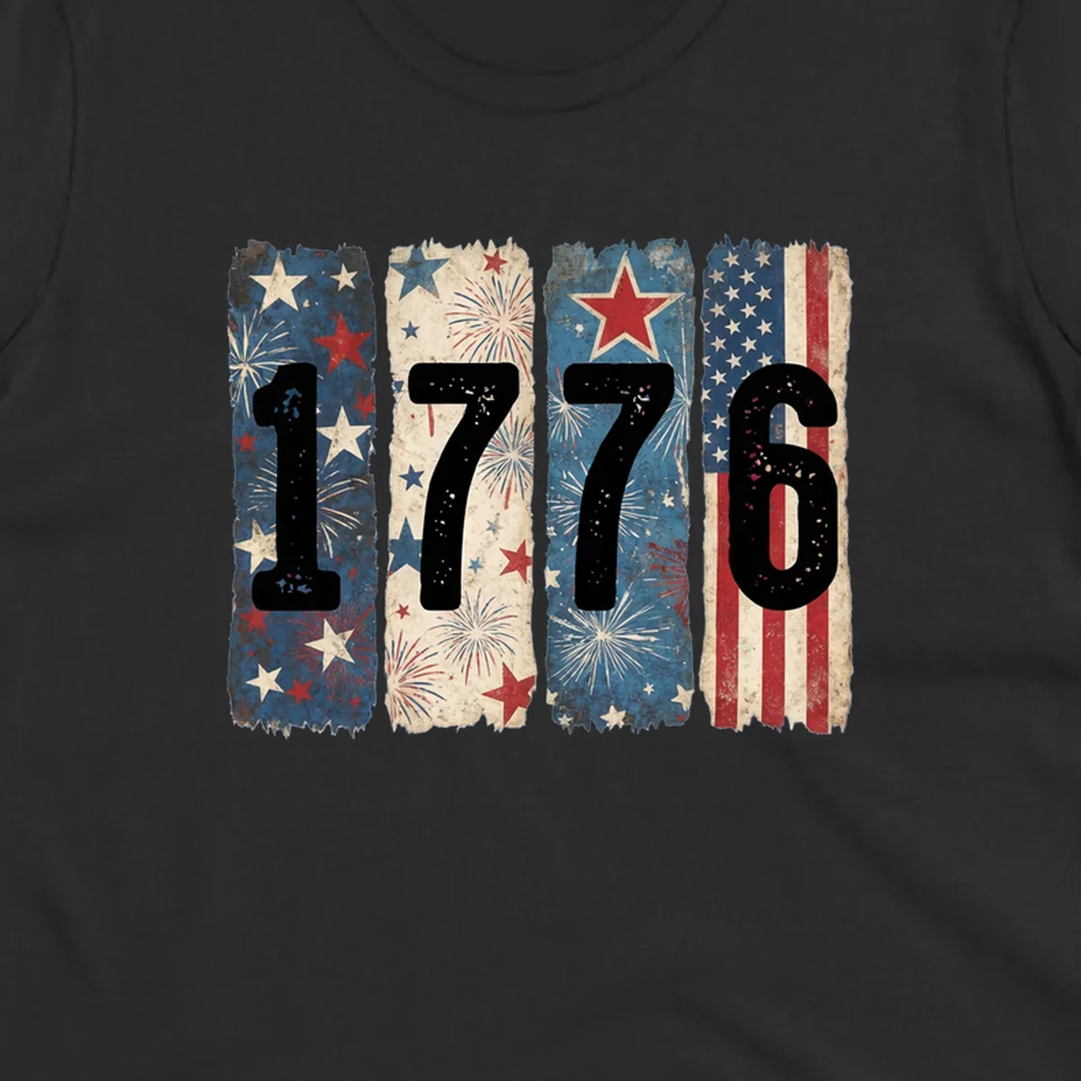 Four distressed panels display the numbers 1776 with patriotic stars, stripes, and fireworks, commemorating America's 250th anniversary. (1776-patriotic-anniversary)