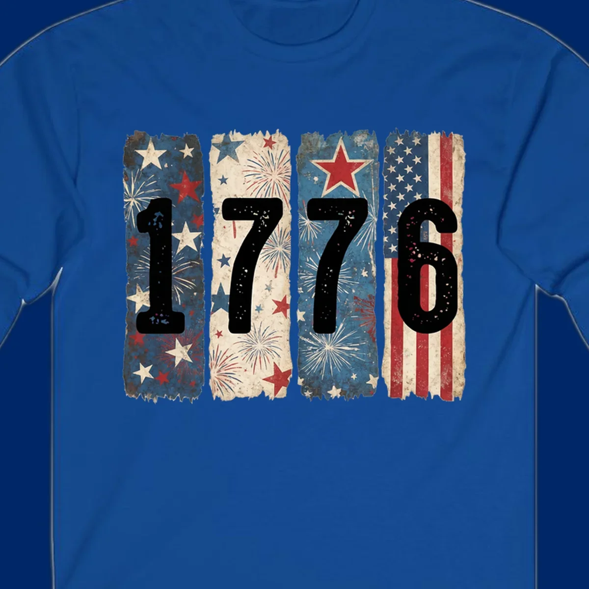 Four distressed panels display the numbers 1776 with patriotic stars, stripes, and fireworks, commemorating America's 250th anniversary. (1776-patriotic-anniversary)