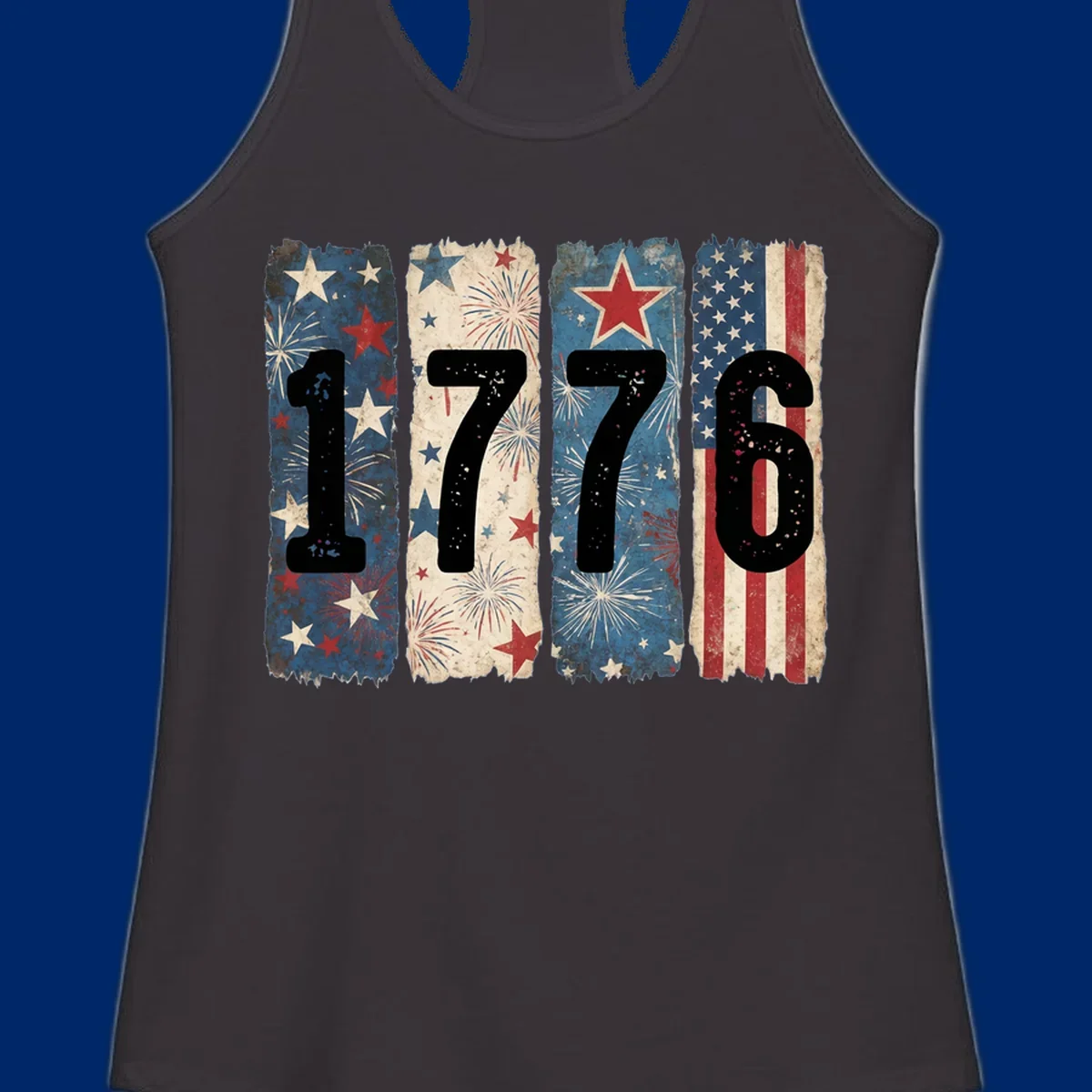 Four distressed panels display the numbers 1776 with patriotic stars, stripes, and fireworks, commemorating America's 250th anniversary. (1776-patriotic-anniversary)