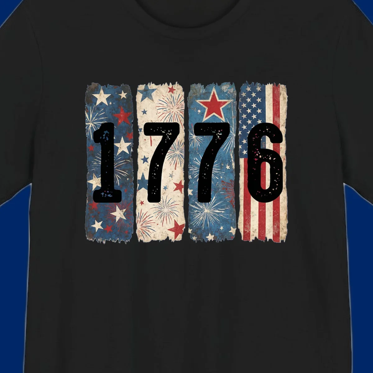 Four distressed panels display the numbers 1776 with patriotic stars, stripes, and fireworks, commemorating America's 250th anniversary. (1776-patriotic-anniversary)