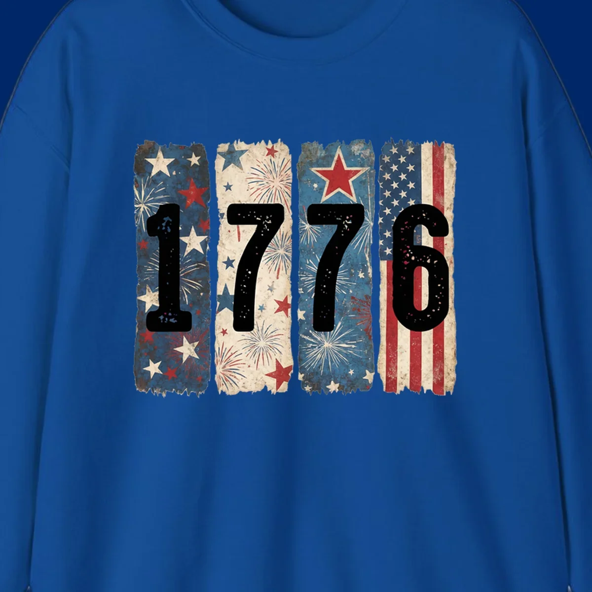 Four distressed panels display the numbers 1776 with patriotic stars, stripes, and fireworks, commemorating America's 250th anniversary. (1776-patriotic-anniversary)