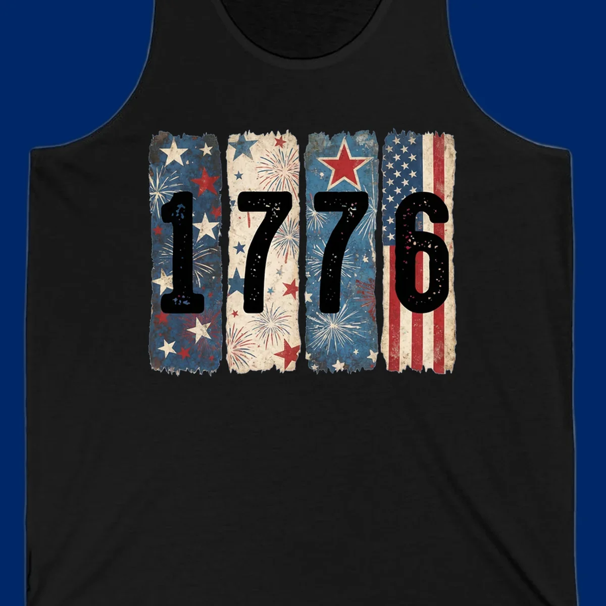 Four distressed panels display the numbers 1776 with patriotic stars, stripes, and fireworks, commemorating America's 250th anniversary. (1776-patriotic-anniversary)